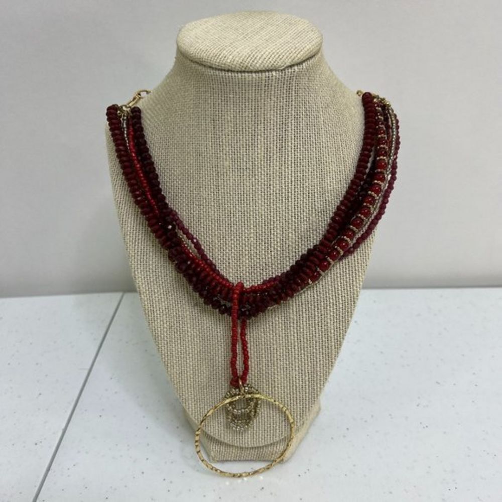 Versona Necklace Beaded Red Gold Tone Drop Circle Multi Strand Vintage  Used, se